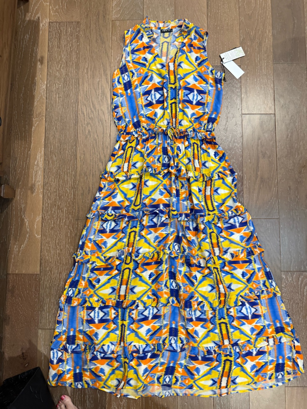 APNY Vibrant Yellow & Blue Geometric Tiered Maxi Dress